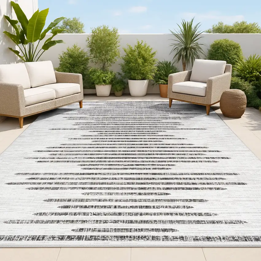 Ivory And Black Striped Indoor Outdoor Area Rug Photo 2