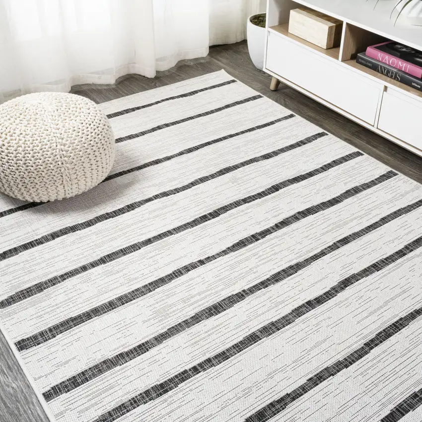 Ivory And Black Striped Indoor Outdoor Area Rug Photo 6