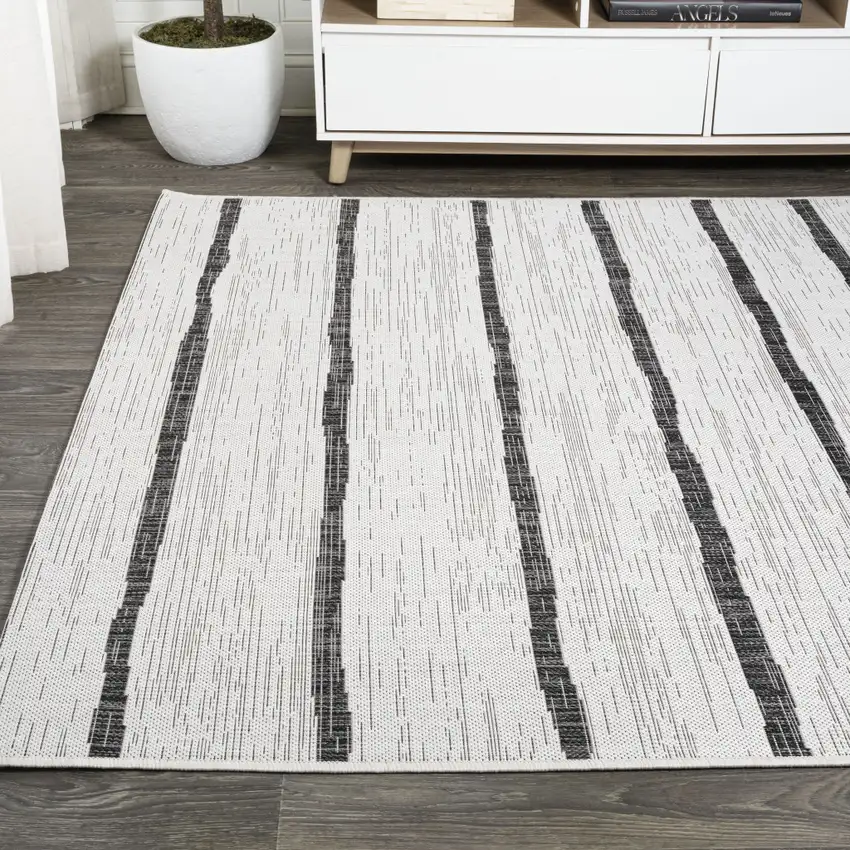 Ivory And Black Striped Indoor Outdoor Area Rug Photo 6