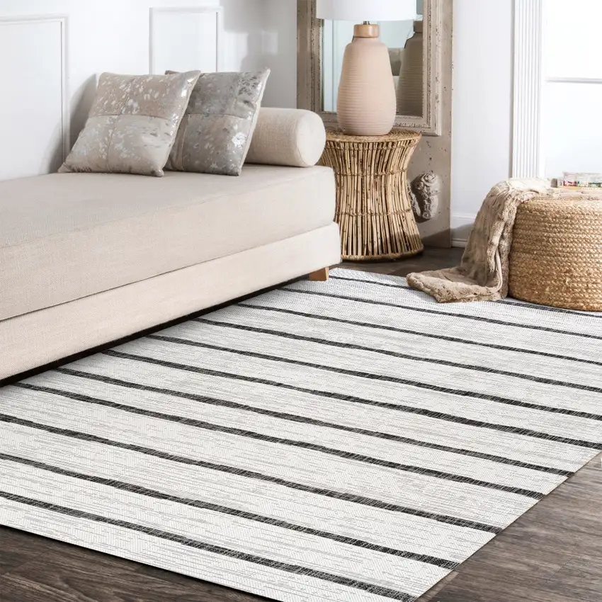 Ivory And Black Striped Indoor Outdoor Area Rug Photo 9