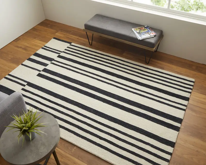 Ivory And Black Wool Abstract Tufted Handmade Area Rug Photo 6