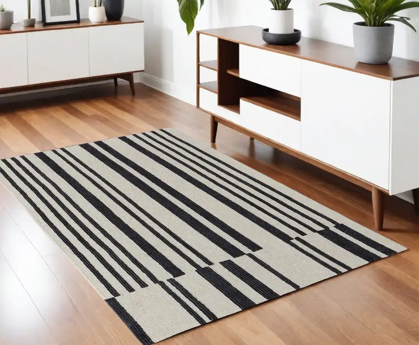 Ivory and Black Wool Abstract Hand Tufted Area Rug Photo 1