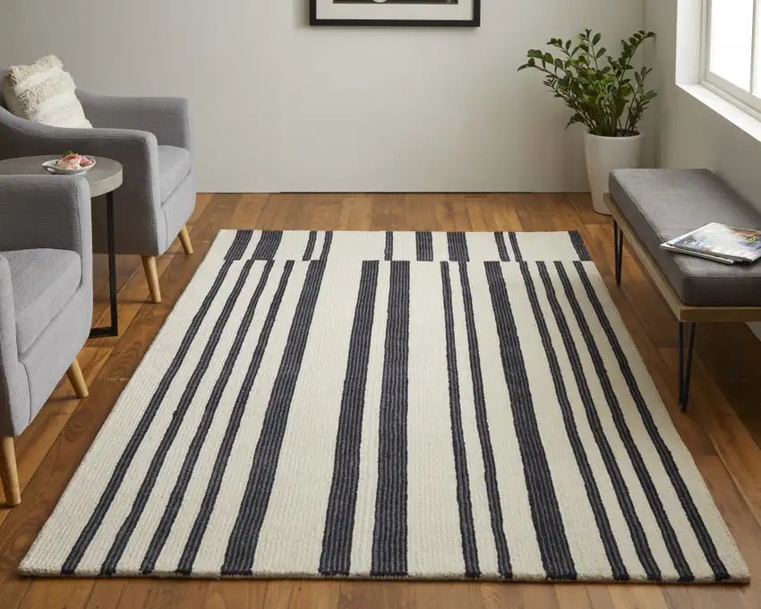 Ivory And Black Wool Abstract Tufted Handmade Area Rug Photo 5