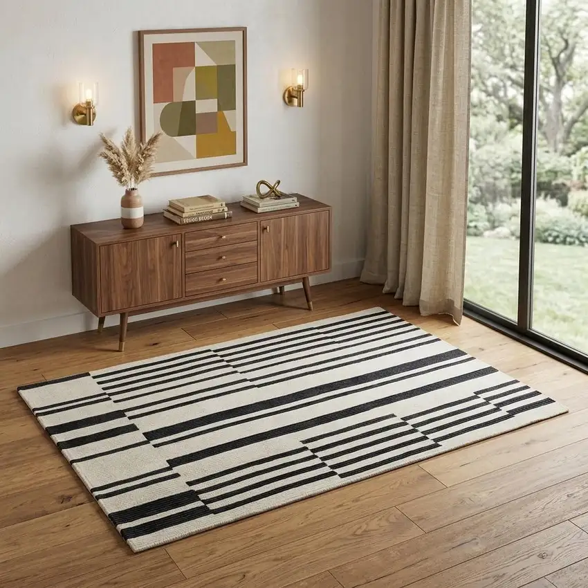 Ivory and Black Wool Abstract Hand Tufted Area Rug Photo 1