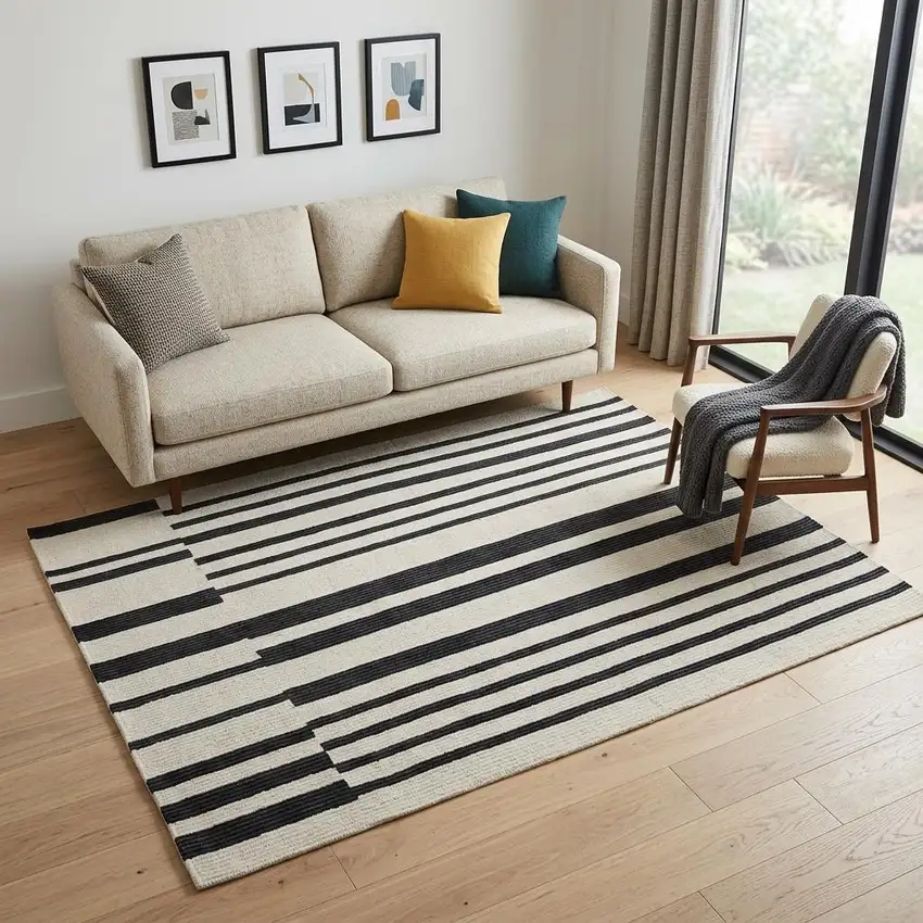 Ivory and Black Wool Abstract Hand Tufted Area Rug Photo 1