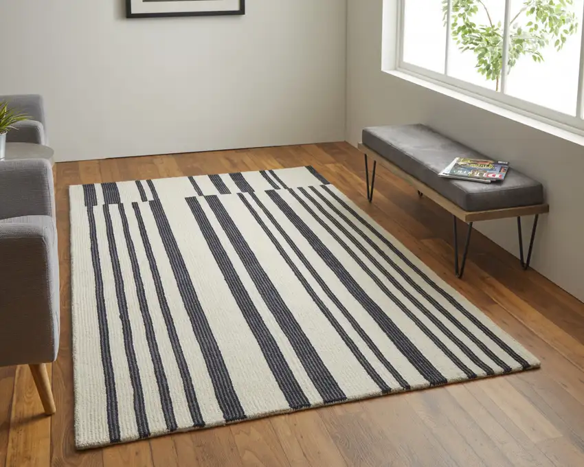 Ivory And Black Wool Abstract Tufted Handmade Area Rug Photo 2