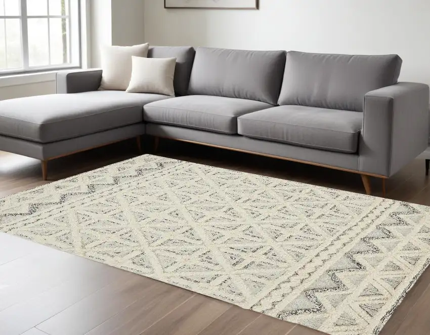 Ivory And Black Wool Geometric Tufted Handmade Stain Resistant Area Rug Photo 1