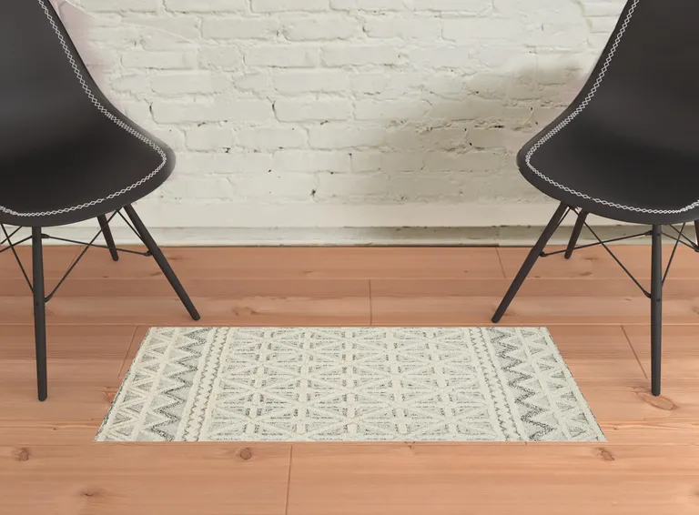 Ivory And Black Wool Geometric Tufted Handmade Stain Resistant Area Rug Photo 3