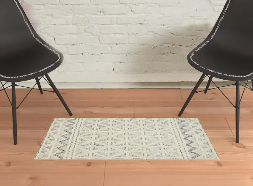 Ivory And Black Wool Geometric Tufted Handmade Stain Resistant Area Rug Photo 3