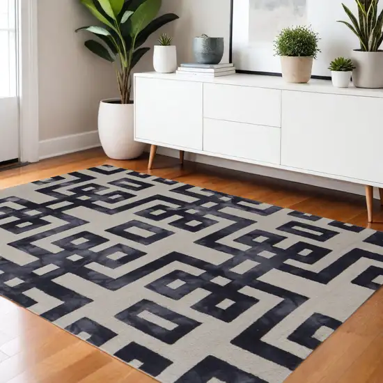 Ivory And Black Wool Geometric Hand Tufted Area Rug Photo 1