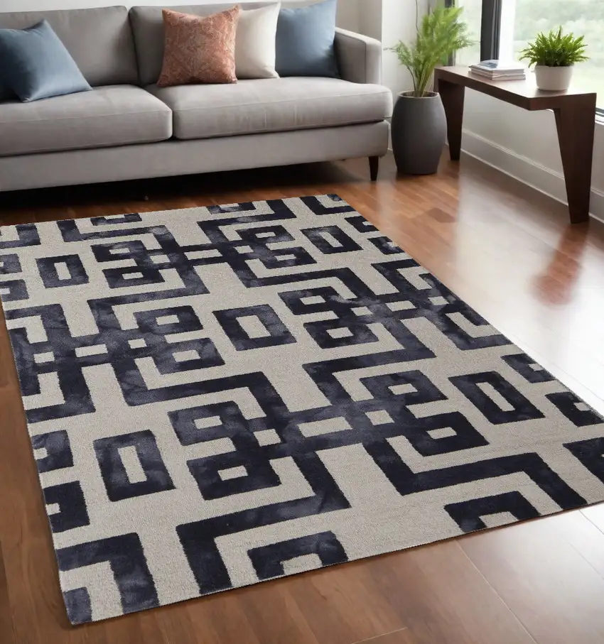 Ivory And Black Wool Tufted Handmade Area Rug Photo 1