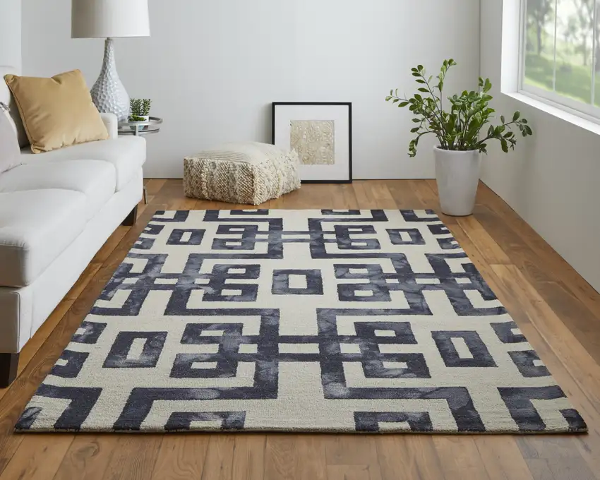 Ivory And Black Wool Geometric Hand Tufted Area Rug Photo 9