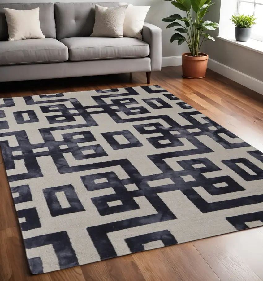 Ivory And Black Wool Geometric Hand Tufted Area Rug Photo 1
