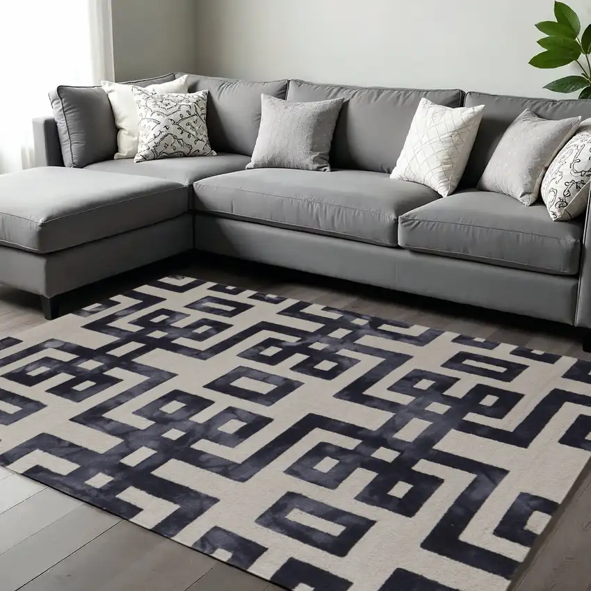 Ivory And Black Wool Geometric Hand Tufted Area Rug Photo 1