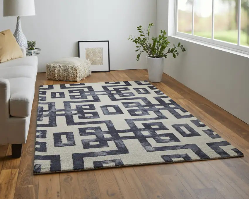 Ivory And Black Wool Tufted Handmade Area Rug Photo 8