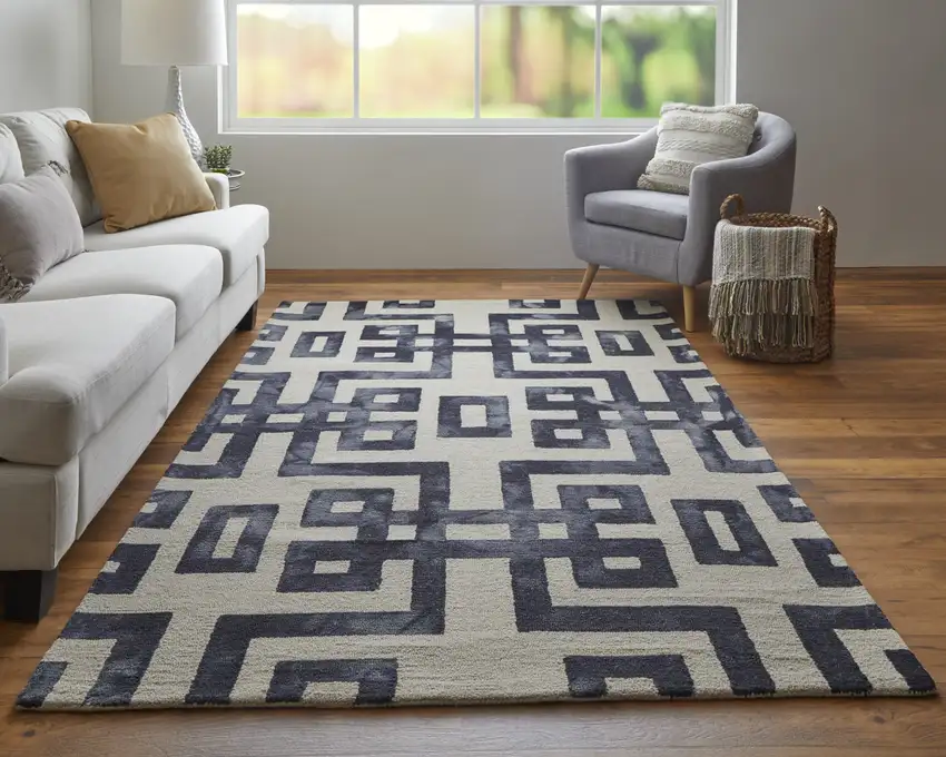 Ivory And Black Wool Tufted Handmade Area Rug Photo 9
