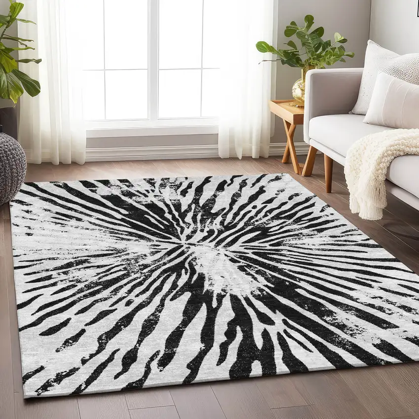 Ivory And Black Zebra Print Washable Area Rug With UV Protection Photo 6