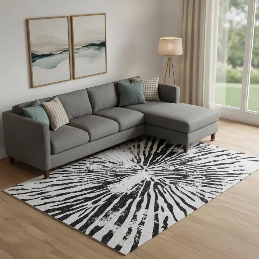 Ivory And Black Zebra Print Washable Area Rug With UV Protection Photo 1