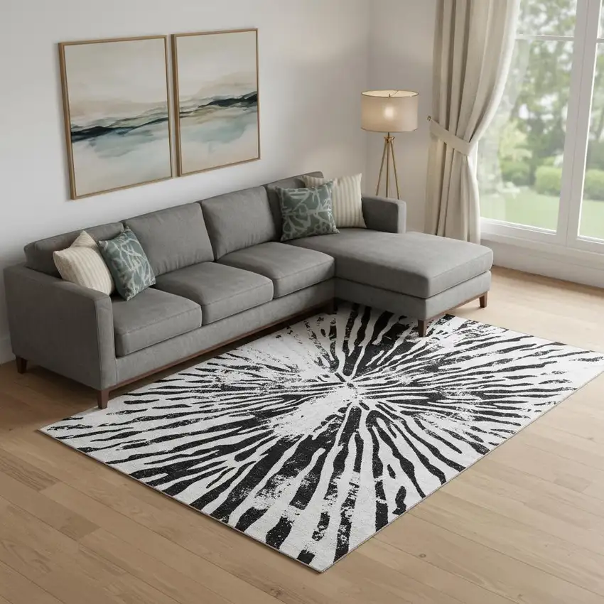 Ivory And Black Zebra Print Washable Area Rug With UV Protection Photo 1