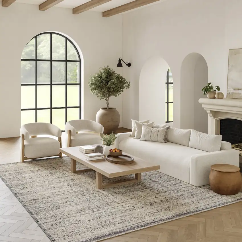 Ivory And Blue Abstract Area Rug With Fringe Photo 4