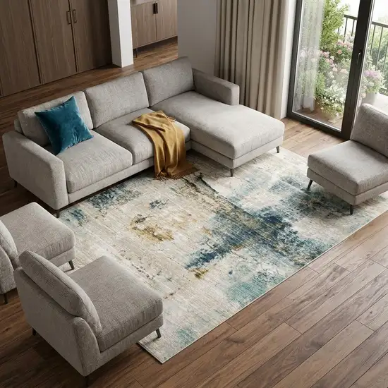 Ivory And Blue Abstract Area Rug Photo 1