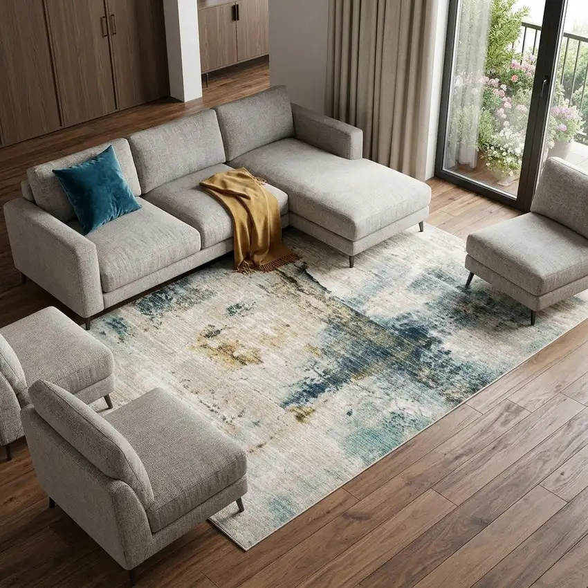 Ivory And Blue Abstract Area Rug Photo 1