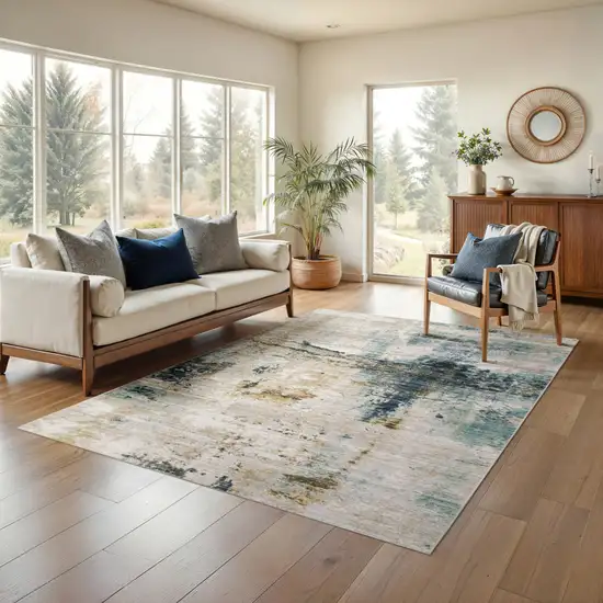 Ivory And Blue Abstract Area Rug Photo 5