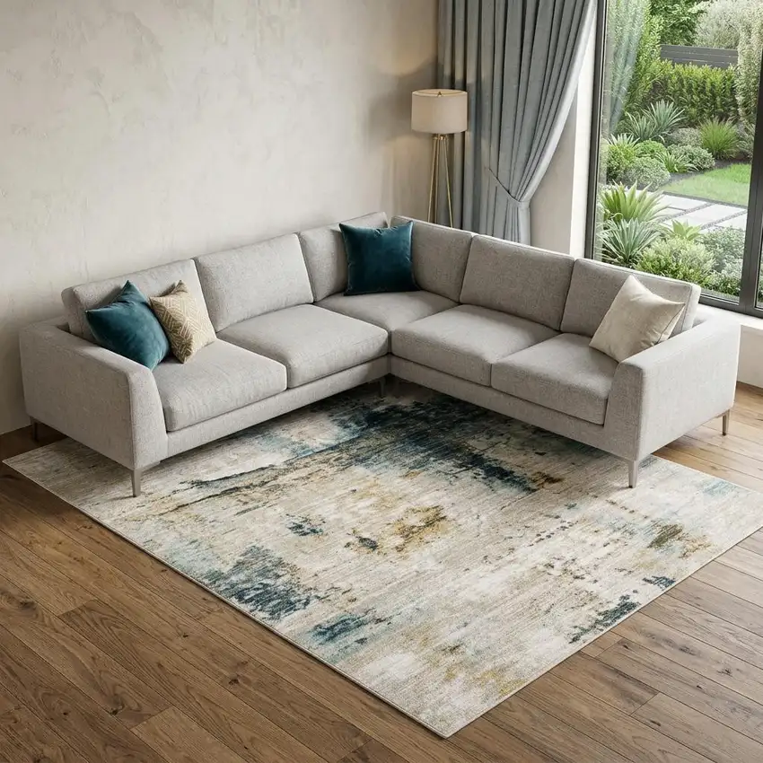 Ivory And Blue Abstract Area Rug Photo 1