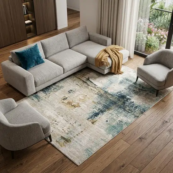 Ivory And Blue Abstract Area Rug Photo 1