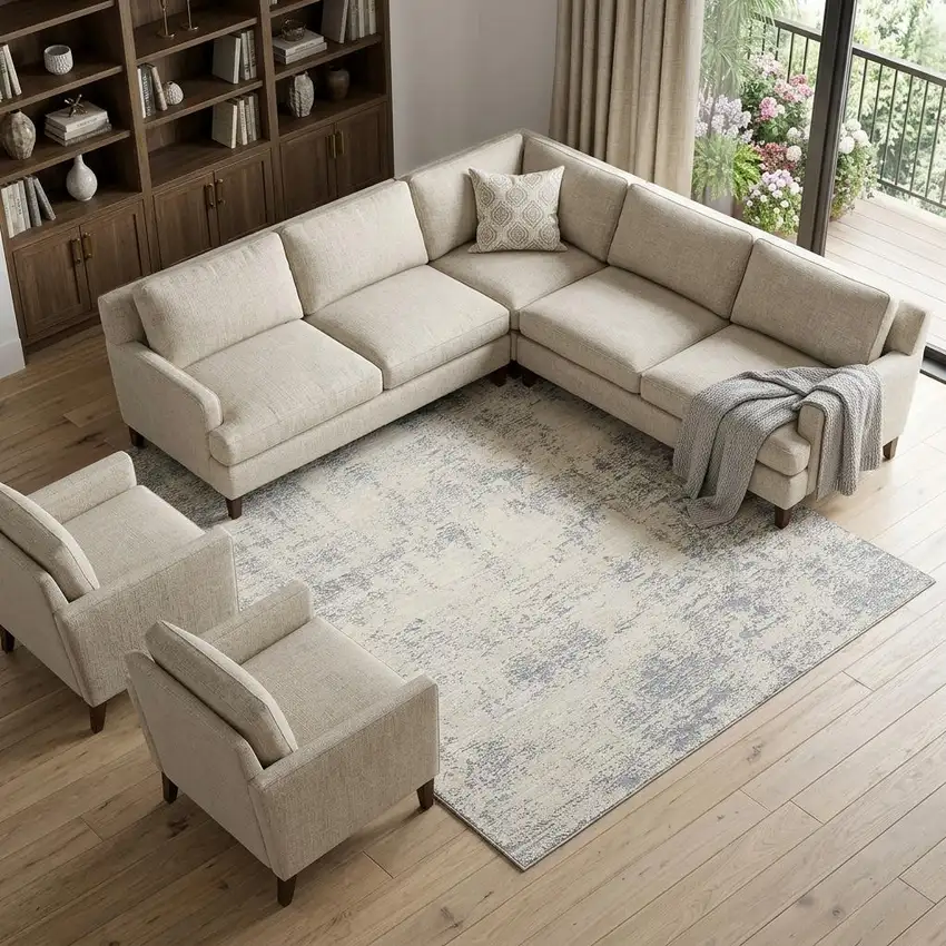 Ivory And Blue Abstract Area Rug Photo 1