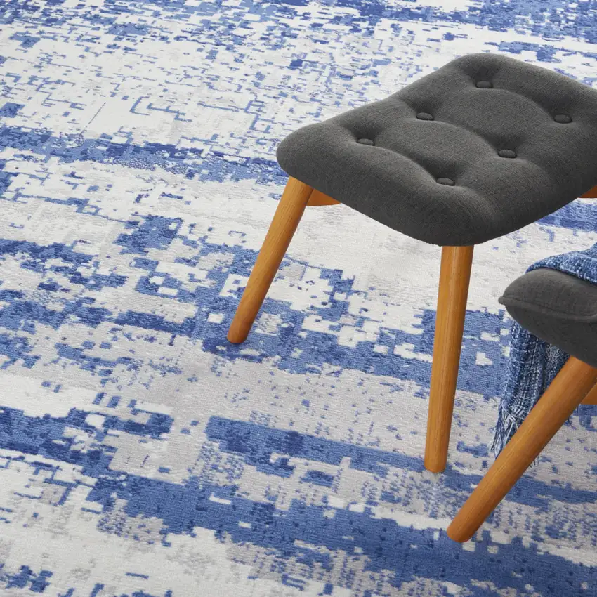Ivory And Blue Abstract Distressed Area Rug Photo 8