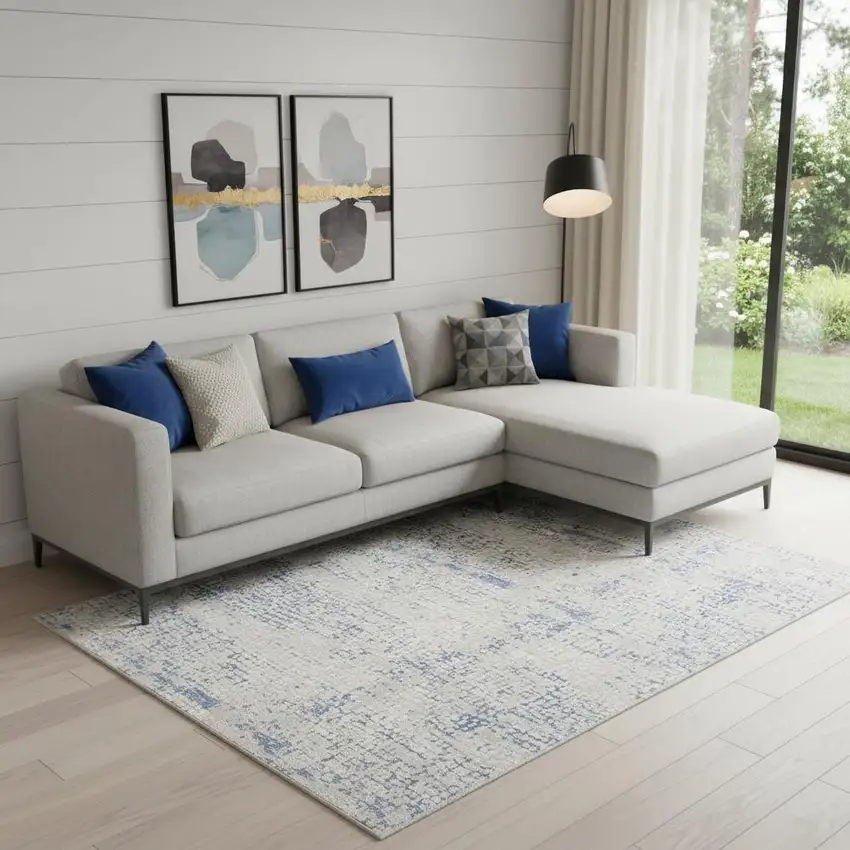 Ivory And Blue Abstract Distressed Area Rug Photo 1