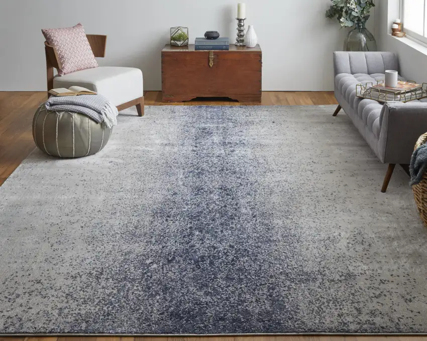 Ivory And Blue Abstract Power Loom Area Rug Photo 6
