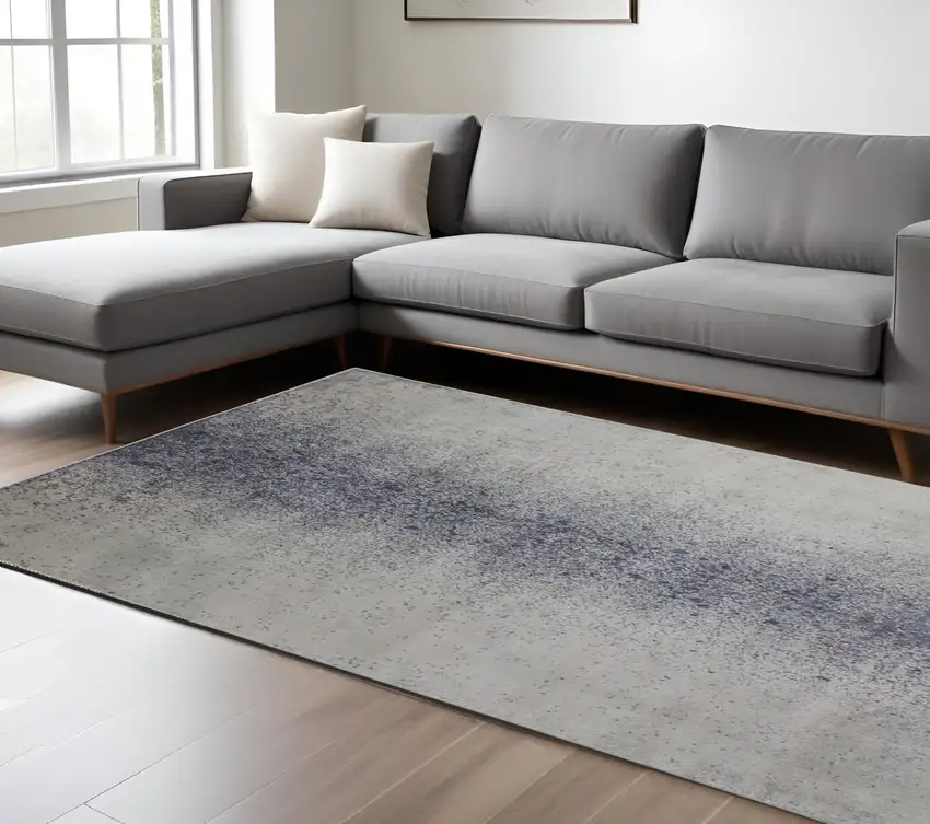Ivory and Blue Abstract Power Loom Non Skid Area Rug Photo 1