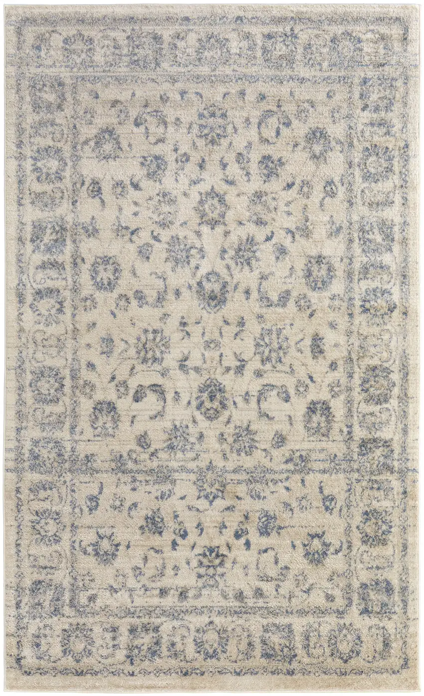 Ivory And Blue Abstract Power Loom Distressed Area Rug Photo 1