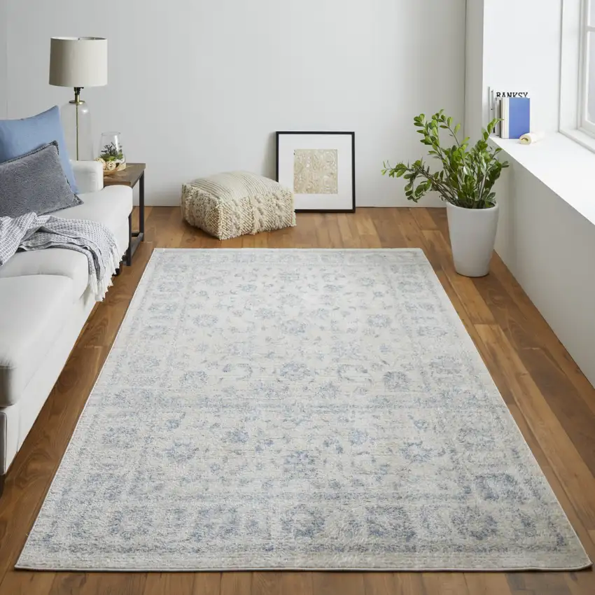 Ivory And Blue Abstract Power Loom Distressed Area Rug Photo 4