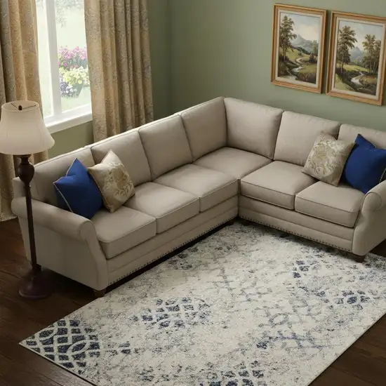 Ivory And Blue Abstract Power Loom Distressed Area Rug Photo 2