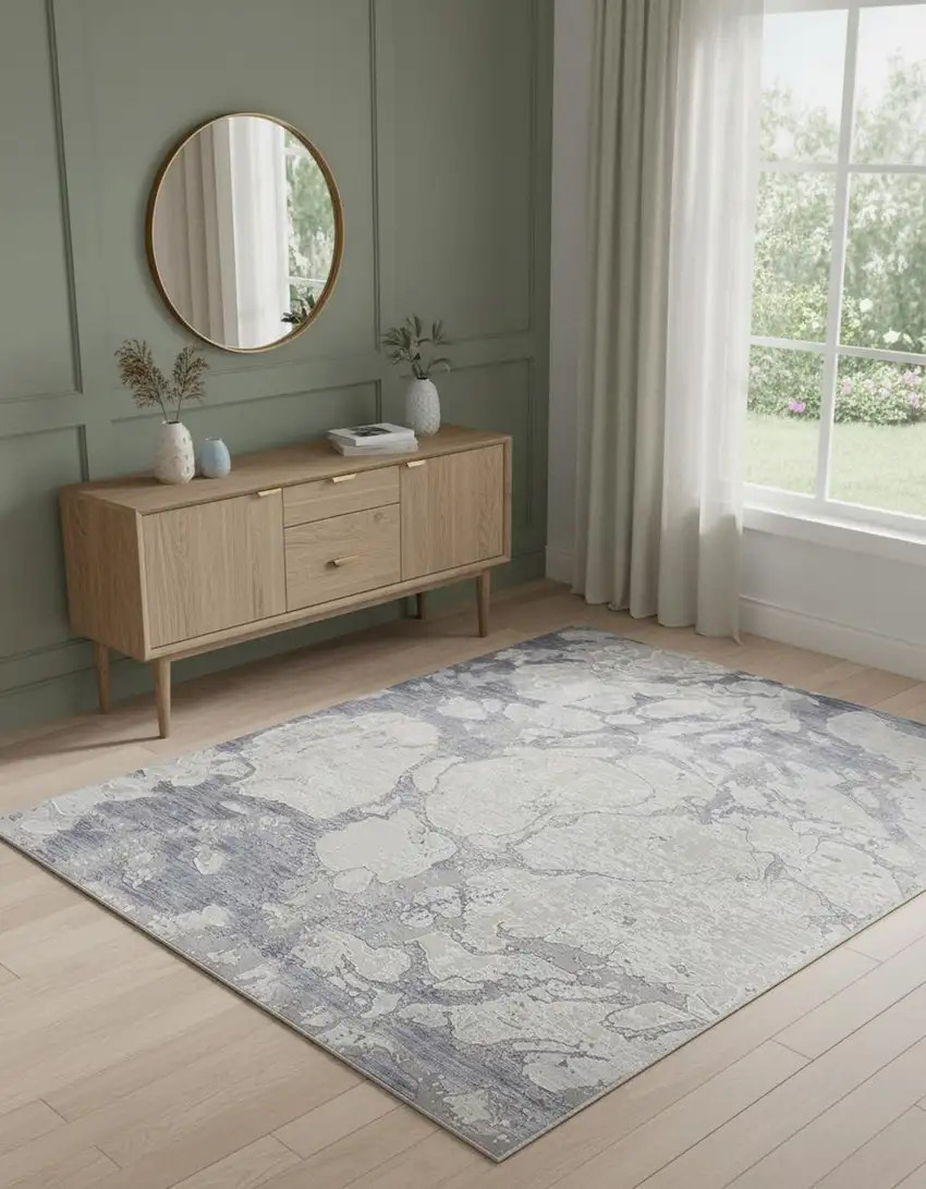 Ivory And Blue Abstract Power Loom Distressed Area Rug Photo 1