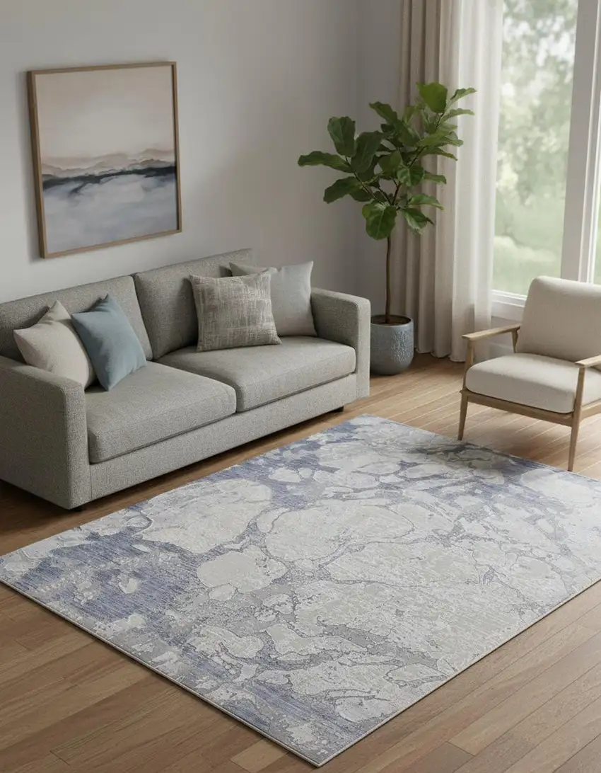 Ivory And Blue Abstract Power Loom Distressed Area Rug Photo 1