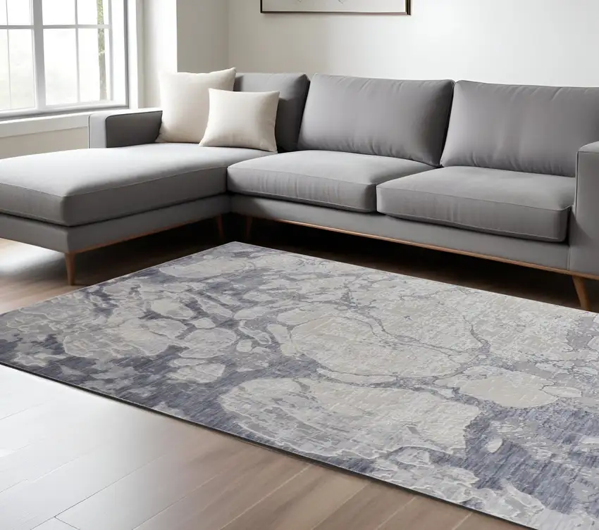 Ivory and Blue Abstract Power Loom Distressed Non Skid Area Rug Photo 1