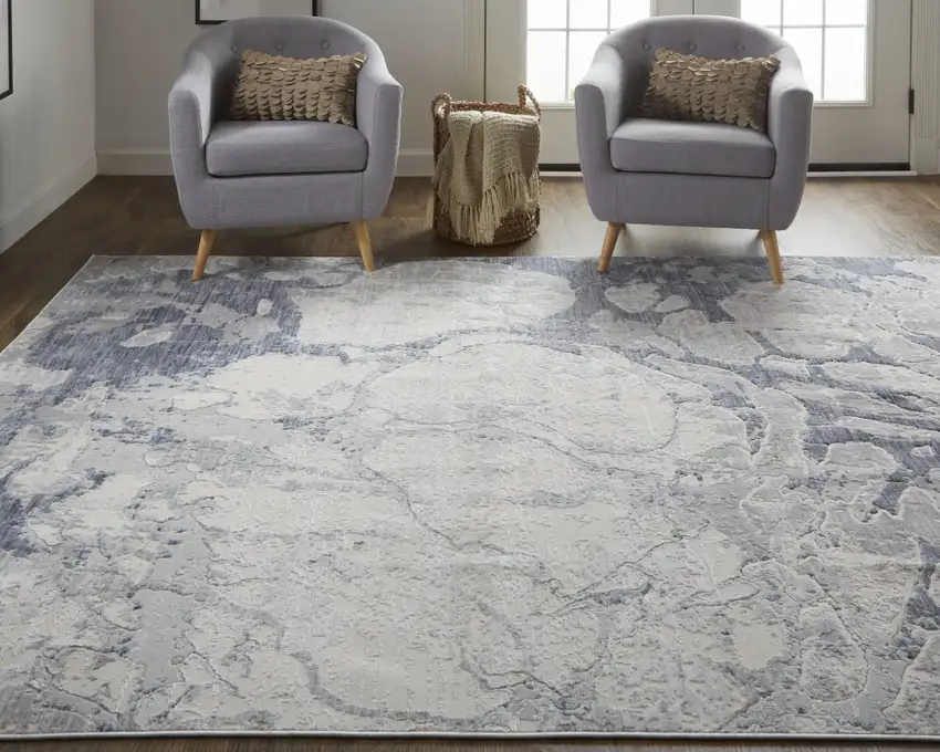 Ivory And Blue Abstract Power Loom Distressed Area Rug Photo 8