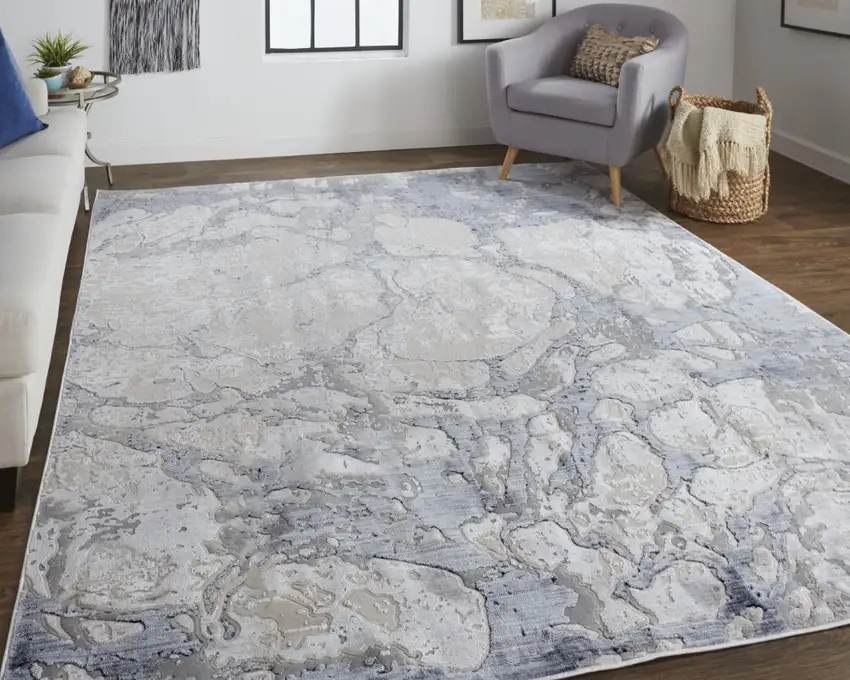 Ivory And Blue Abstract Power Loom Distressed Area Rug Photo 7