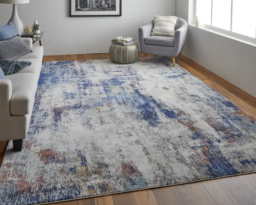 Ivory And Blue Abstract Power Loom Distressed Stain Resistant Area Rug Photo 7