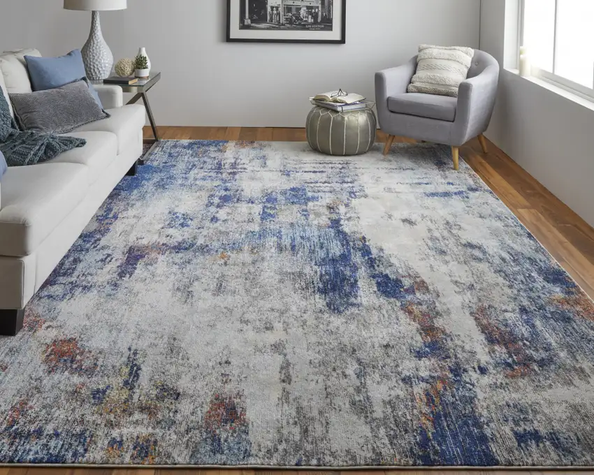 Ivory And Blue Abstract Power Loom Distressed Stain Resistant Area Rug Photo 6