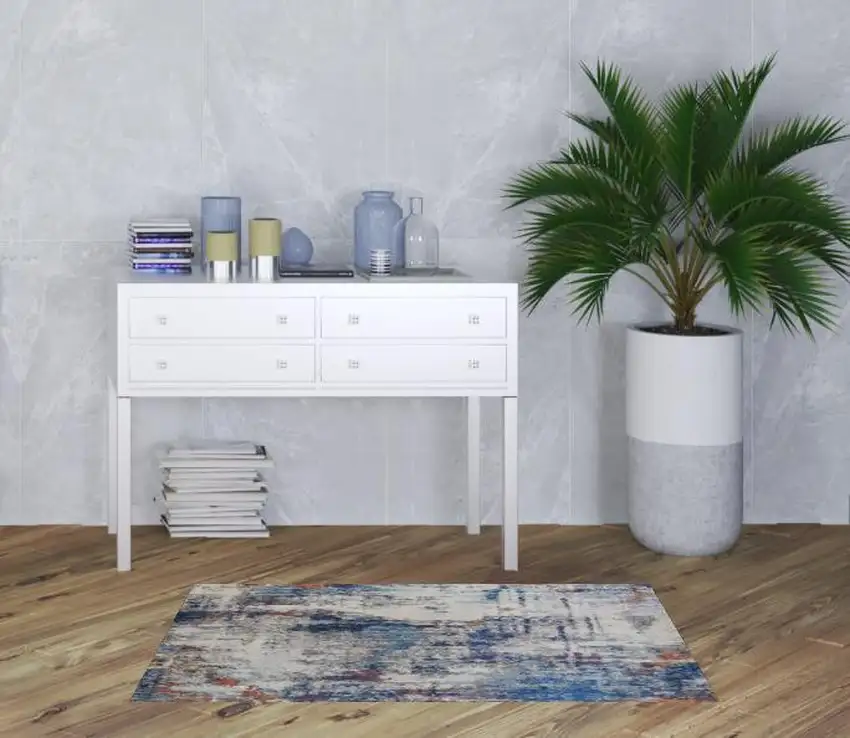 Ivory And Blue Abstract Power Loom Distressed Stain Resistant Area Rug Photo 2