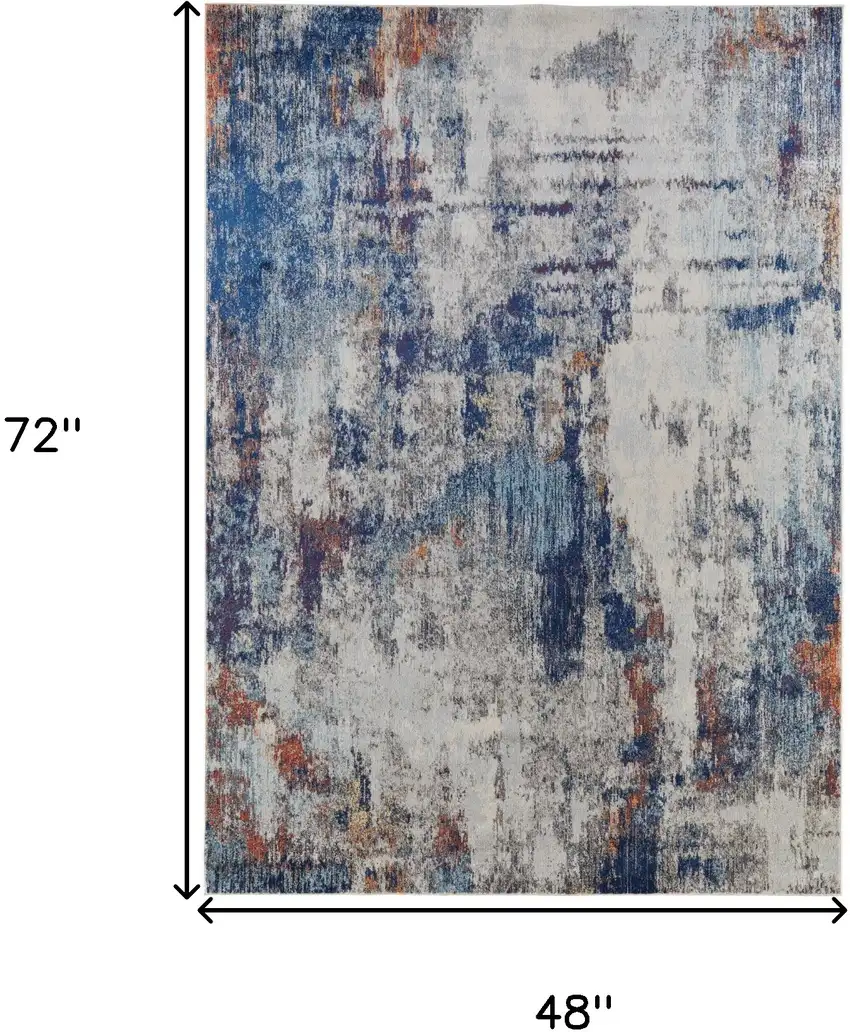 Ivory And Blue Abstract Power Loom Distressed Stain Resistant Area Rug Photo 10