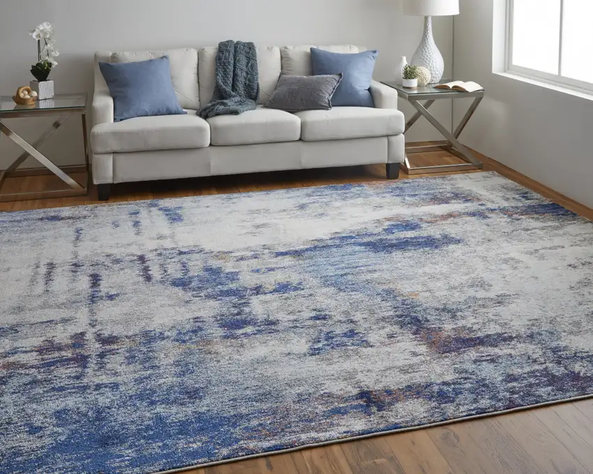Ivory And Blue Abstract Power Loom Distressed Stain Resistant Area Rug Photo 8