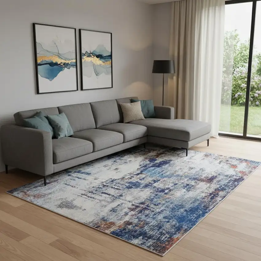 Ivory And Blue Abstract Power Loom Distressed Stain Resistant Area Rug Photo 1
