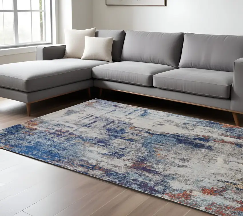 Ivory and Blue Abstract Power Loom Distressed Non Skid Area Rug Photo 1