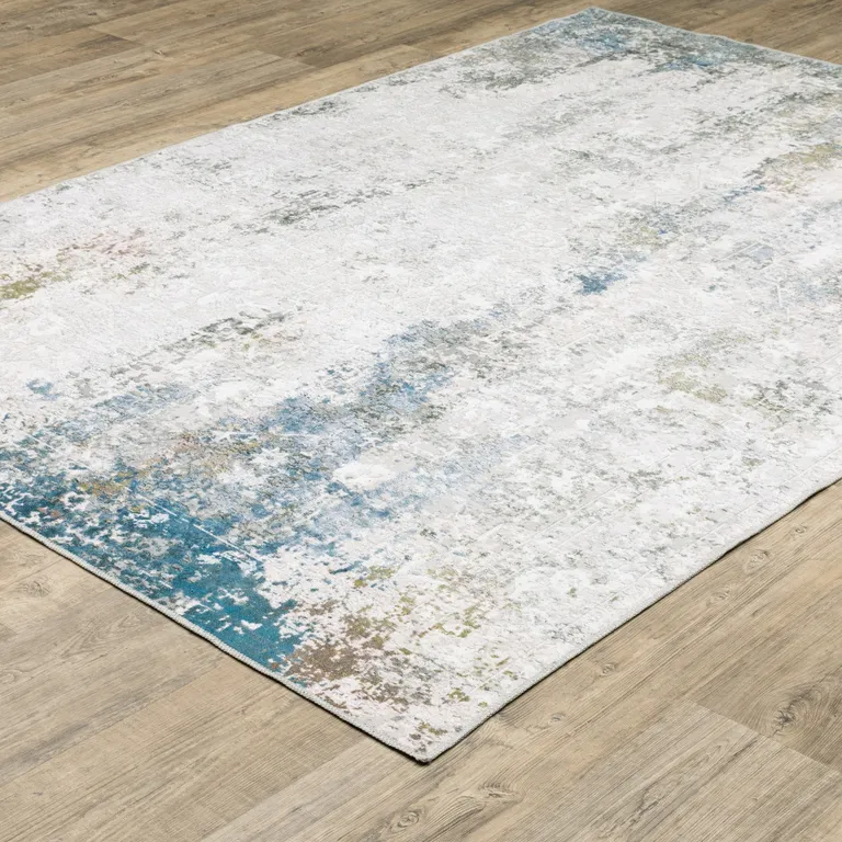 Ivory And Blue Abstract Printed Stain Resistant Non Skid Area Rug Photo 5